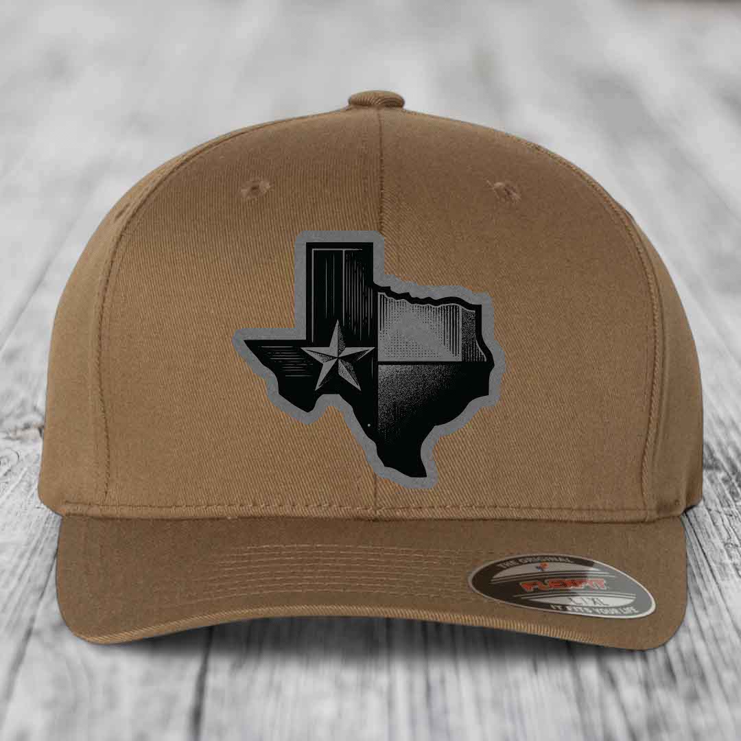 Texas Shaped Flag - Leather Patch Hat - Grey to Black Patch - Flexfit 6277 Fitted Hat