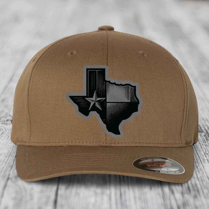 Texas Shaped Flag - Leather Patch Hat - Grey to Black Patch - Flexfit 6277 Fitted Hat