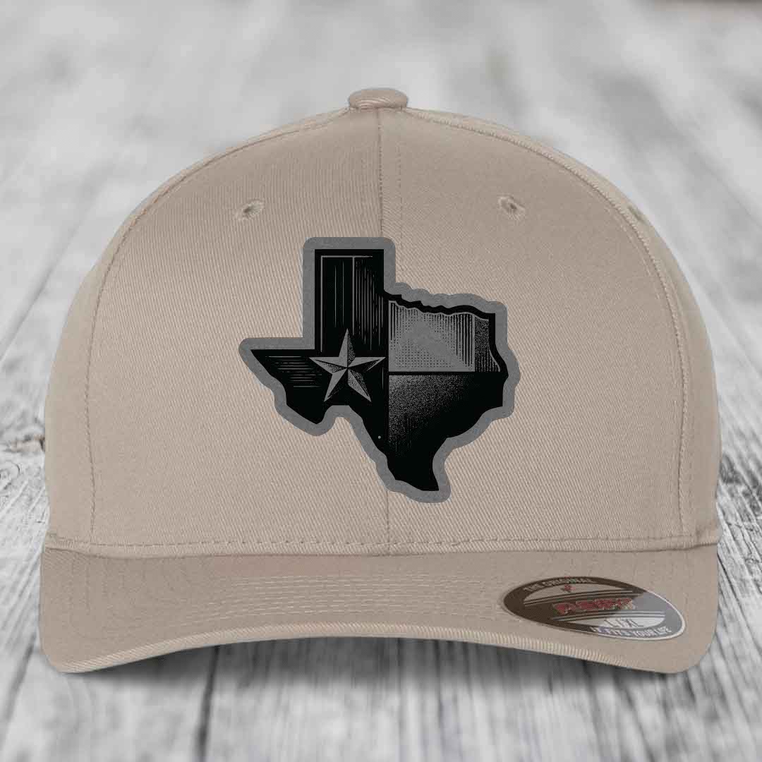 Texas Shaped Flag - Leather Patch Hat - Grey to Black Patch - Flexfit 6277 Fitted Hat
