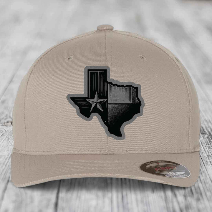 Texas Shaped Flag - Leather Patch Hat - Grey to Black Patch - Flexfit 6277 Fitted Hat