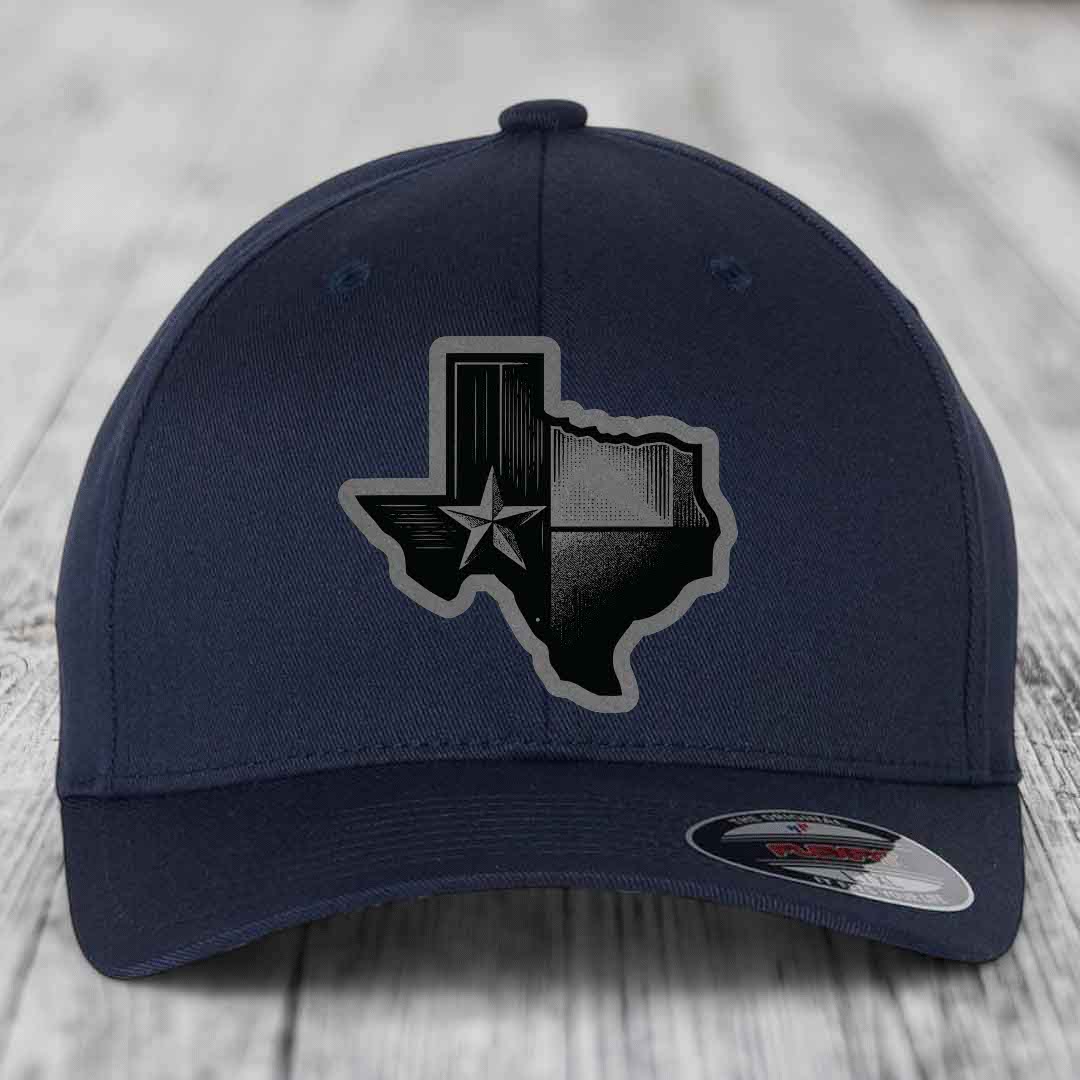 Texas Shaped Flag - Leather Patch Hat - Grey to Black Patch - Flexfit 6277 Fitted Hat