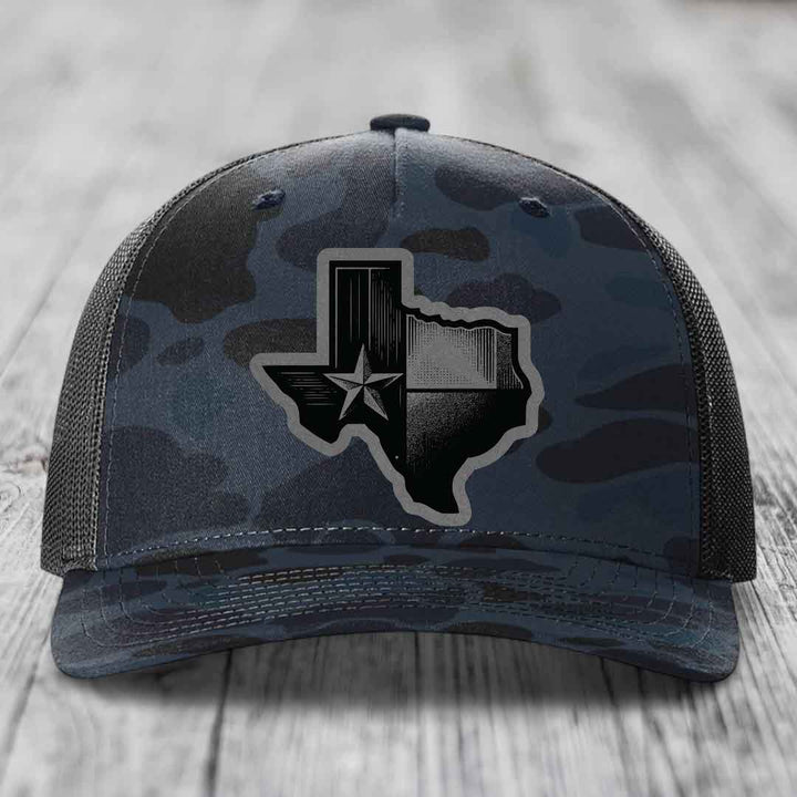 Texas Shaped Flag - Leather Patch Hat - Grey to Black Patch - Richardson 112PFP Snapback Trucker Hat