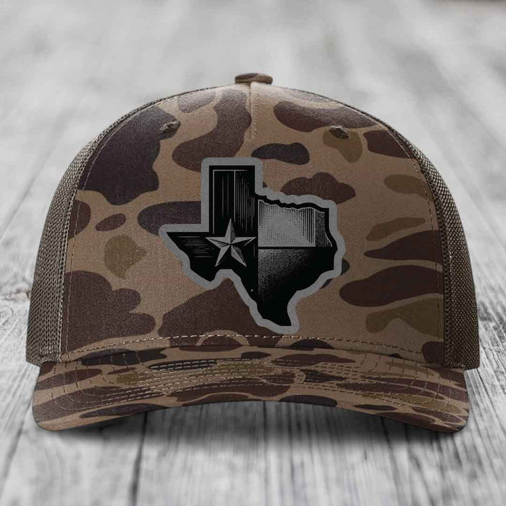 Texas Shaped Flag - Leather Patch Hat - Grey to Black Patch - Richardson 112PFP Snapback Trucker Hat