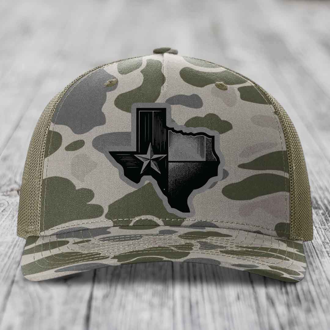 Texas Shaped Flag - Leather Patch Hat - Grey to Black Patch - Richardson 112PFP Snapback Trucker Hat