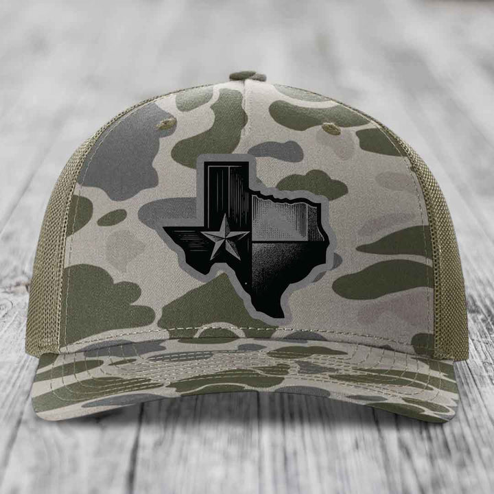 Texas Shaped Flag - Leather Patch Hat - Grey to Black Patch - Richardson 112PFP Snapback Trucker Hat