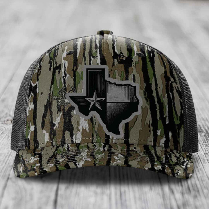 Texas Shaped Flag - Leather Patch Hat - Grey to Black Patch - Richardson 112PFP Snapback Trucker Hat