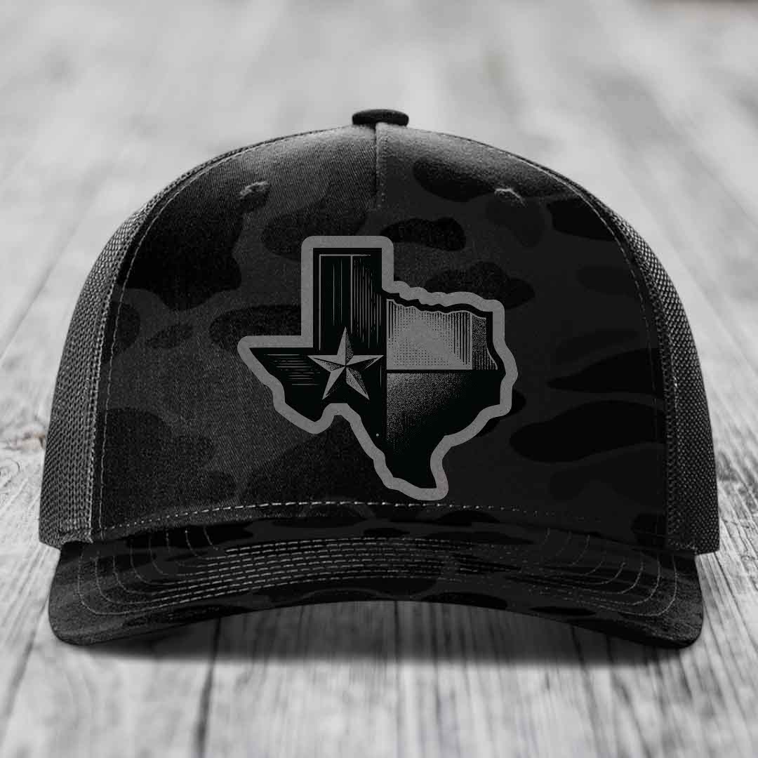 Texas Shaped Flag - Leather Patch Hat - Grey to Black Patch - Richardson 112PFP Snapback Trucker Hat