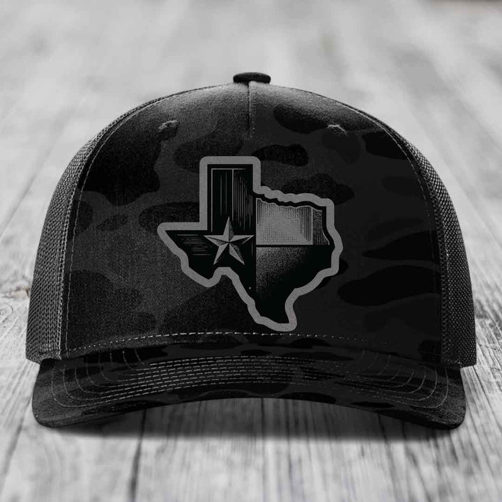 Texas Shaped Flag - Leather Patch Hat - Grey to Black Patch - Richardson 112PFP Snapback Trucker Hat