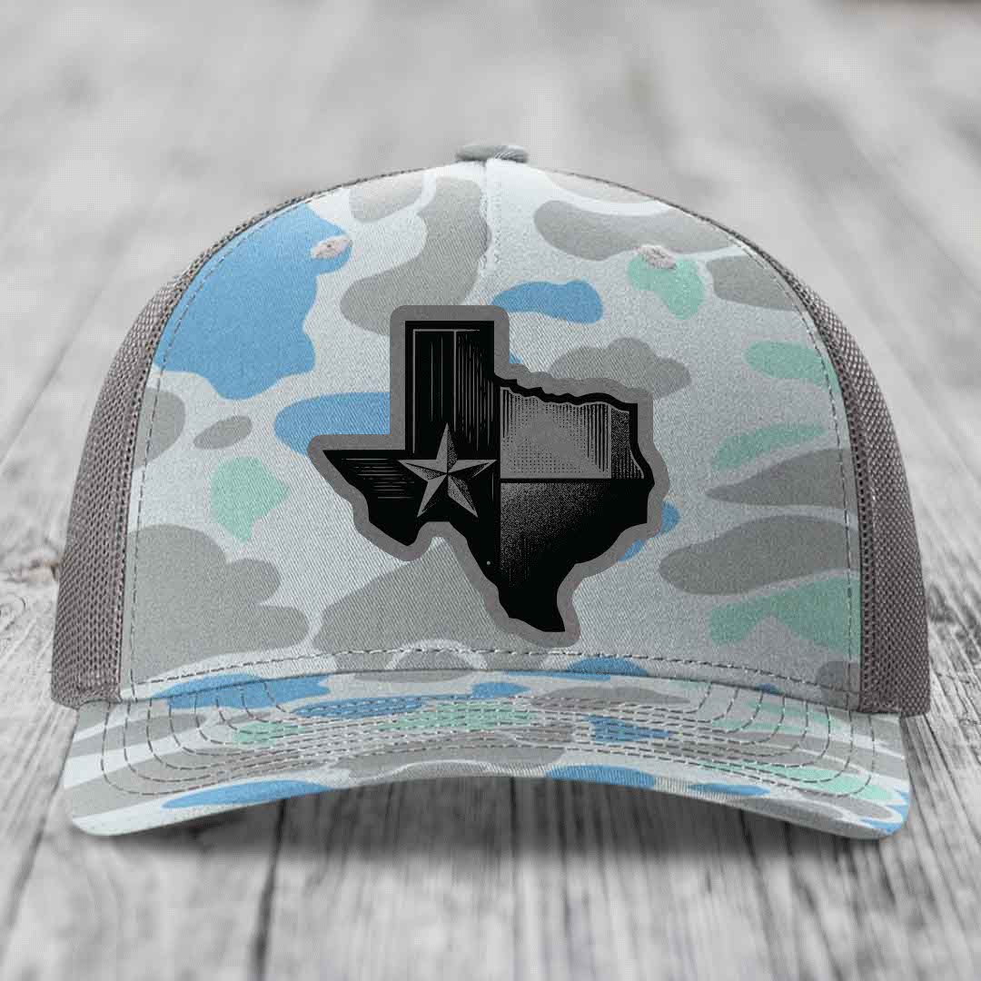 Texas Shaped Flag - Leather Patch Hat - Grey to Black Patch - Richardson 112PFP Snapback Trucker Hat