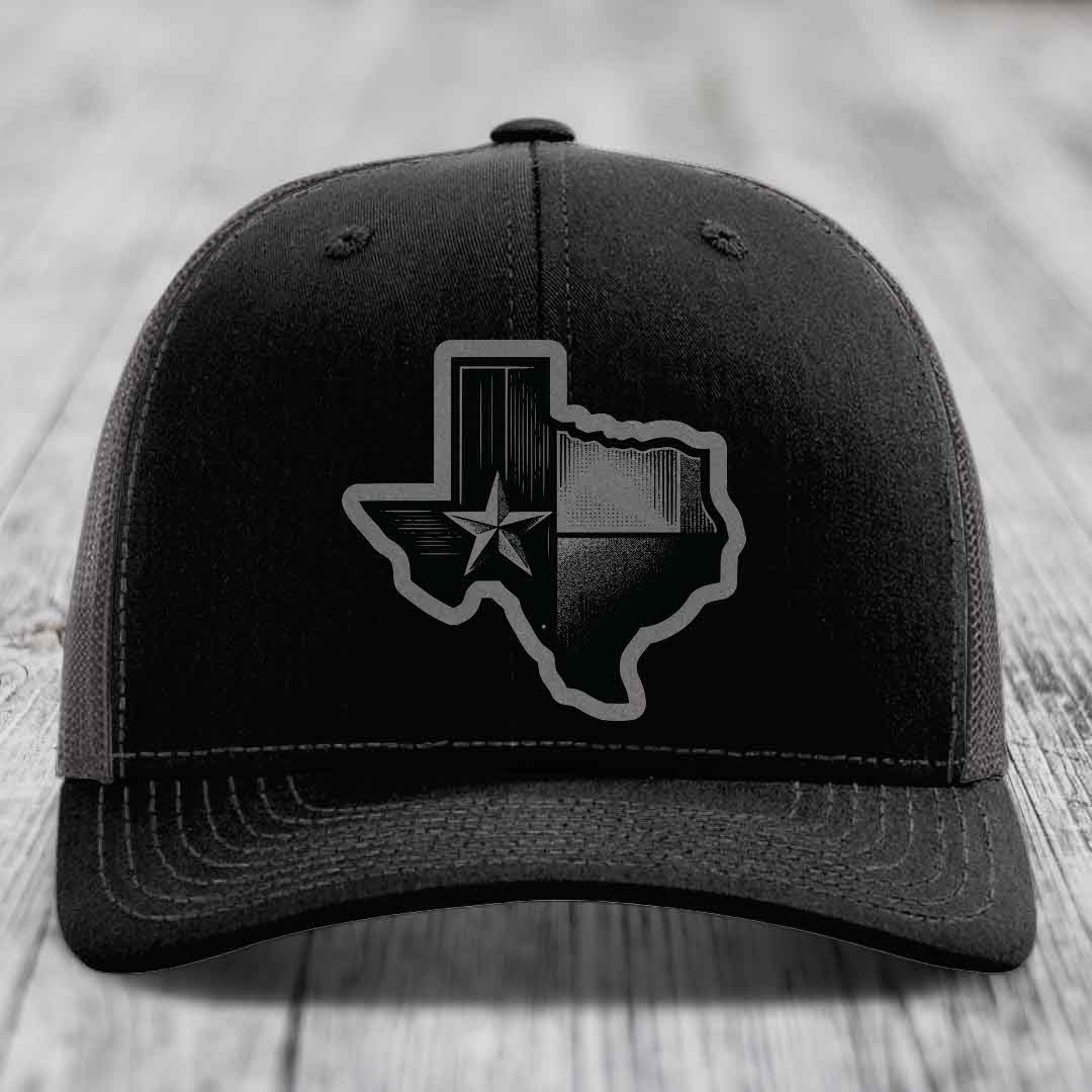 Texas Shaped Flag - Leather Patch Hat - Grey to Black Patch - Richardson 112 Snapback Trucker Hat