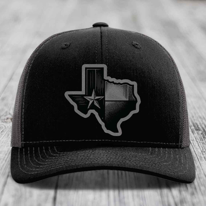 Texas Shaped Flag - Leather Patch Hat - Grey to Black Patch - Richardson 112 Snapback Trucker Hat