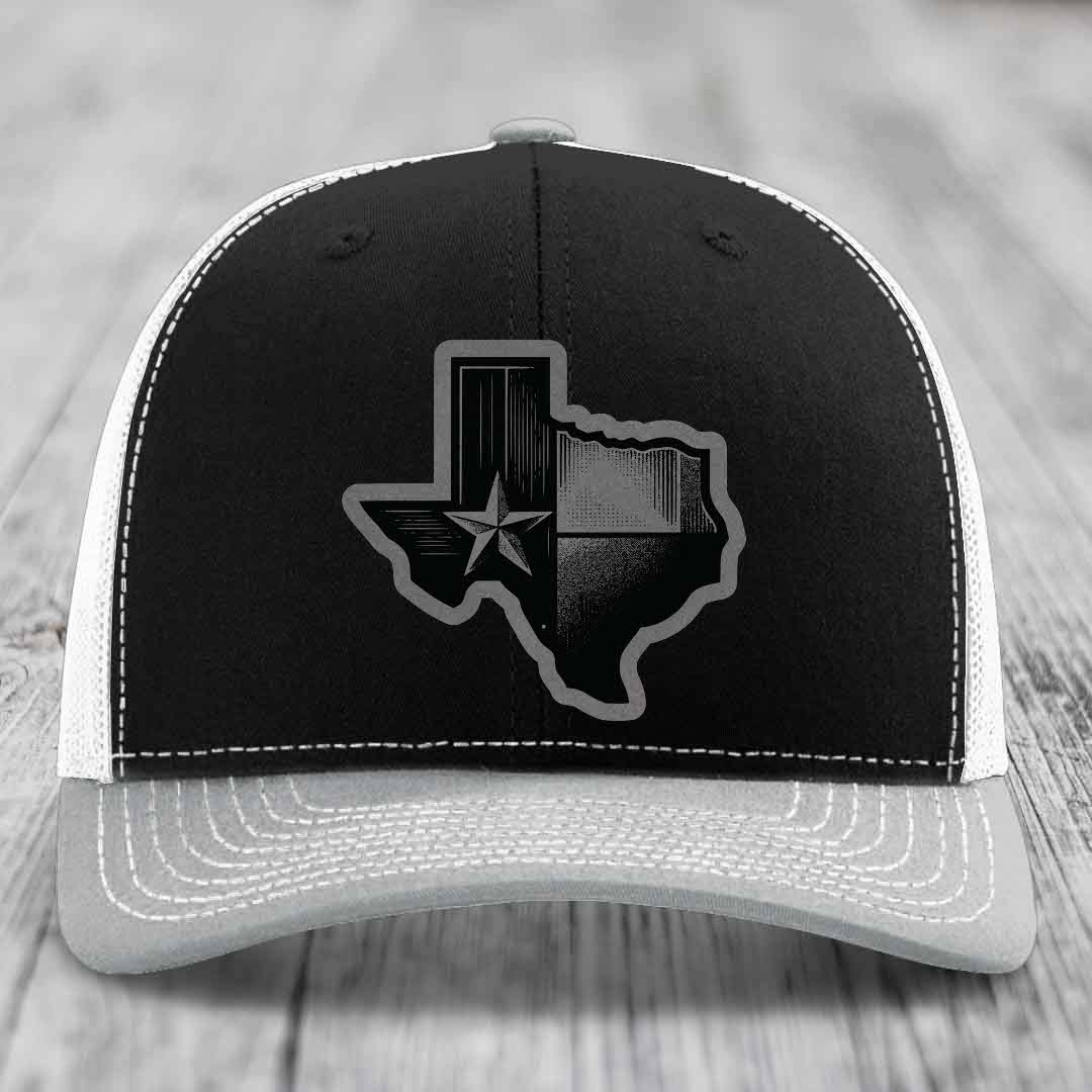 Texas Shaped Flag - Leather Patch Hat - Grey to Black Patch - Richardson 112 Snapback Trucker Hat