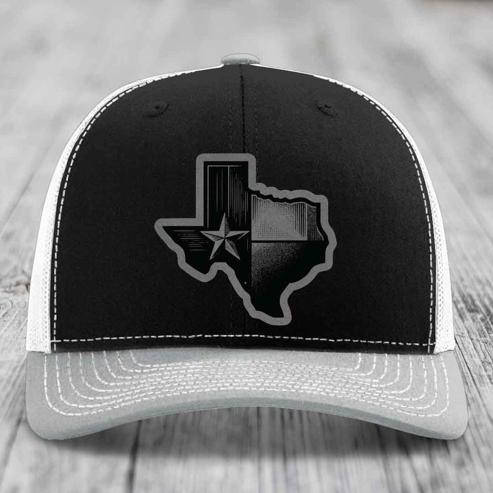 Texas Shaped Flag - Leather Patch Hat - Grey to Black Patch - Richardson 112 Snapback Trucker Hat