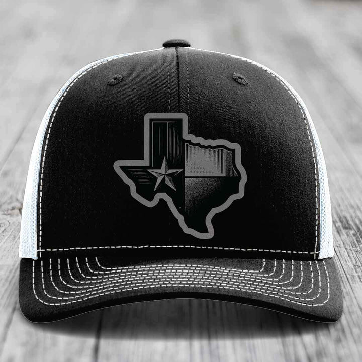 Texas Shaped Flag - Leather Patch Hat - Grey to Black Patch - Richardson 112 Snapback Trucker Hat