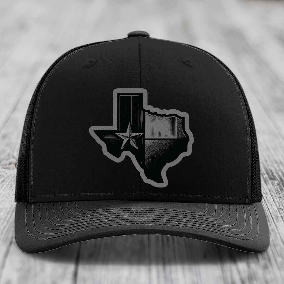 Texas Shaped Flag - Leather Patch Hat - Grey to Black Patch - Richardson 112 Snapback Trucker Hat
