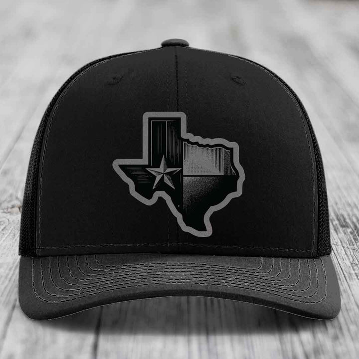 Texas Shaped Flag - Leather Patch Hat - Grey to Black Patch - Richardson 112 Snapback Trucker Hat