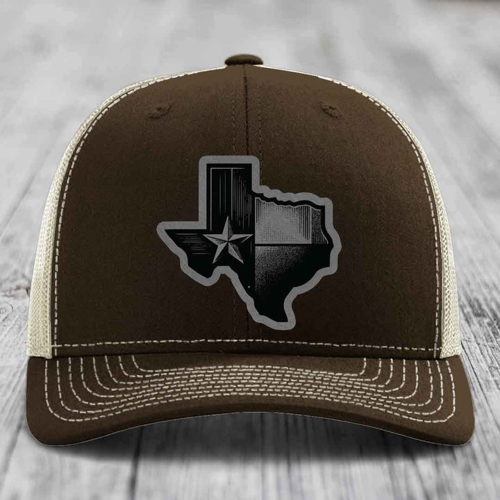 Texas Shaped Flag - Leather Patch Hat - Grey to Black Patch - Richardson 112 Snapback Trucker Hat