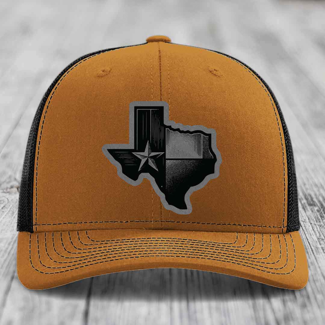 Texas Shaped Flag - Leather Patch Hat - Grey to Black Patch - Richardson 112 Snapback Trucker Hat