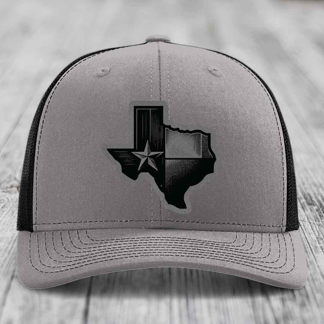 Texas Shaped Flag - Leather Patch Hat - Grey to Black Patch - Richardson 112 Snapback Trucker Hat