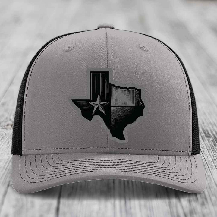 Texas Shaped Flag - Leather Patch Hat - Grey to Black Patch - Richardson 112 Snapback Trucker Hat