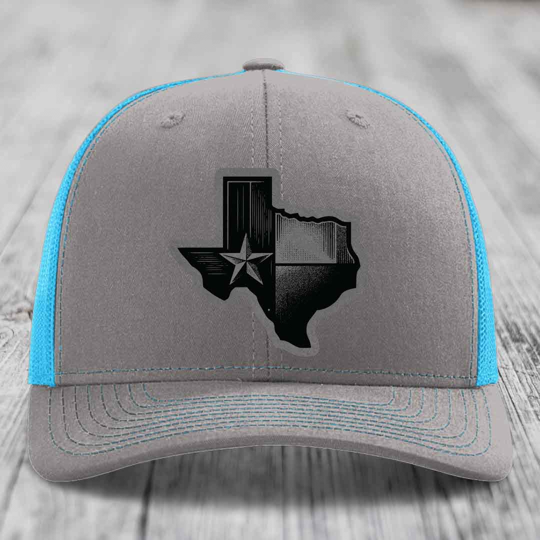 Texas Shaped Flag - Leather Patch Hat - Grey to Black Patch - Richardson 112 Snapback Trucker Hat