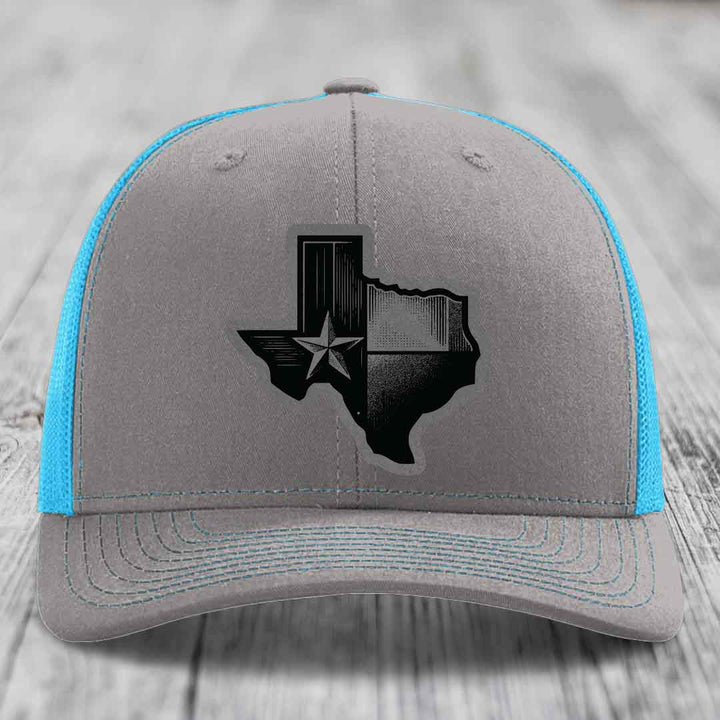 Texas Shaped Flag - Leather Patch Hat - Grey to Black Patch - Richardson 112 Snapback Trucker Hat