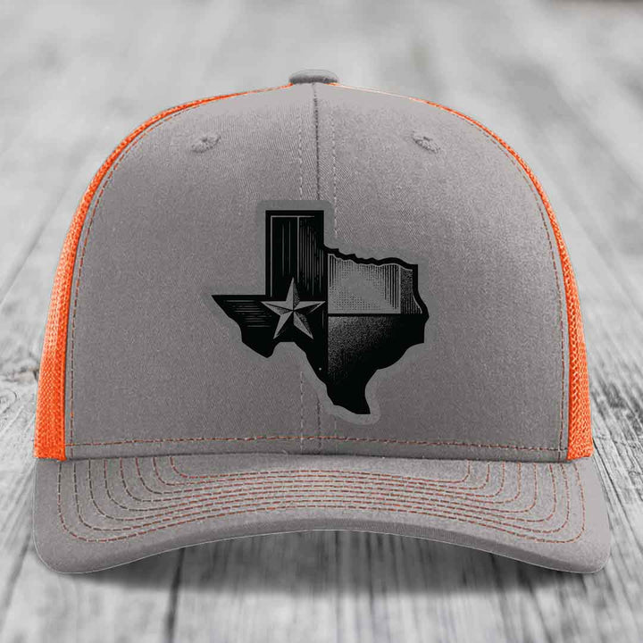 Texas Shaped Flag - Leather Patch Hat - Grey to Black Patch - Richardson 112 Snapback Trucker Hat