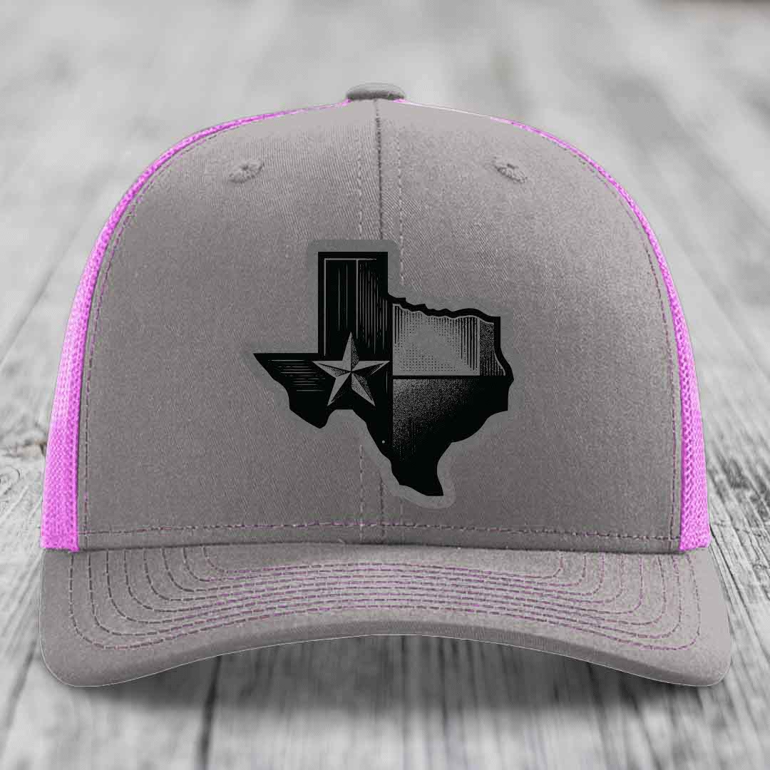Texas Shaped Flag - Leather Patch Hat - Grey to Black Patch - Richardson 112 Snapback Trucker Hat