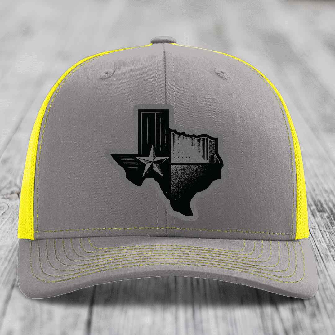 Texas Shaped Flag - Leather Patch Hat - Grey to Black Patch - Richardson 112 Snapback Trucker Hat