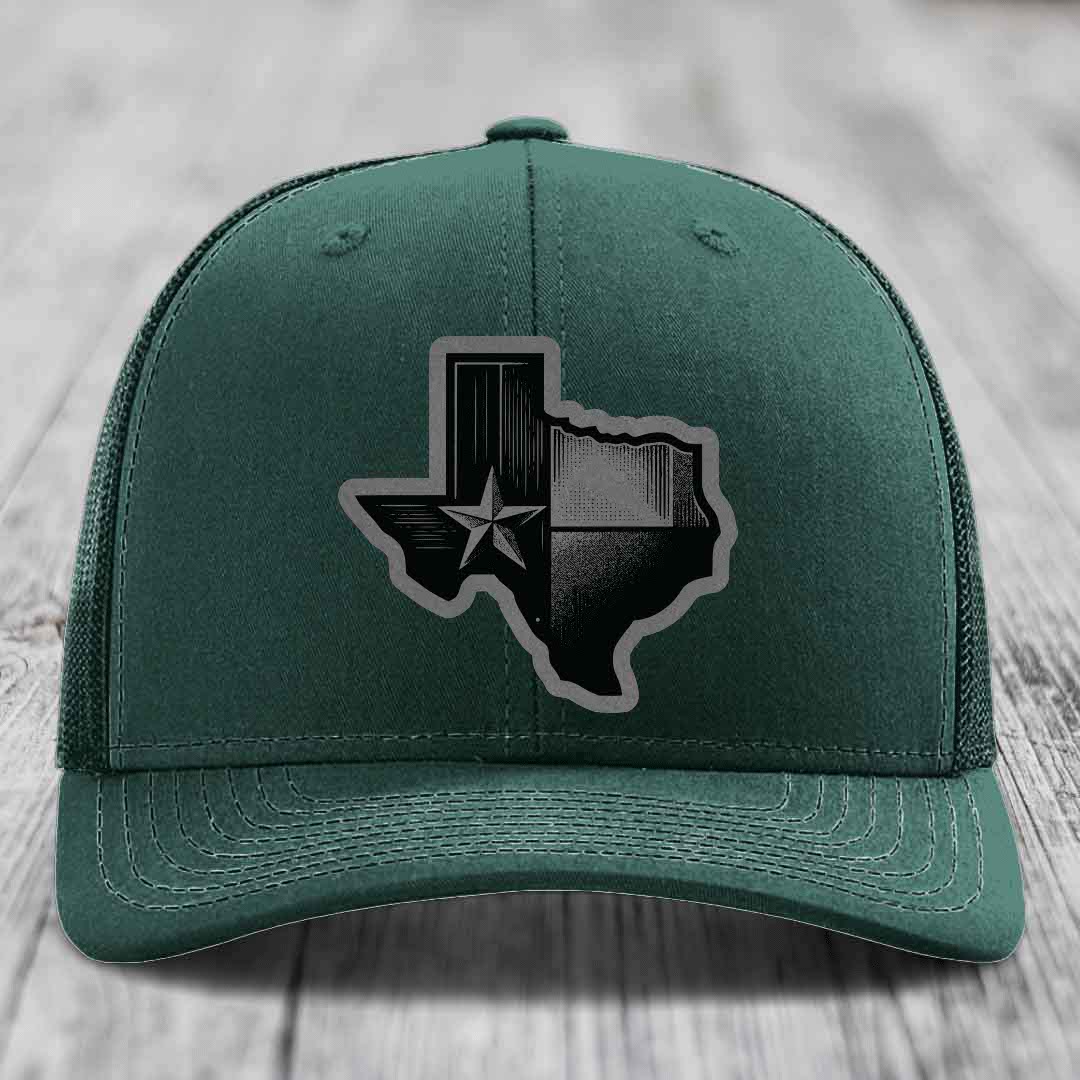 Texas Shaped Flag - Leather Patch Hat - Grey to Black Patch - Richardson 112 Snapback Trucker Hat