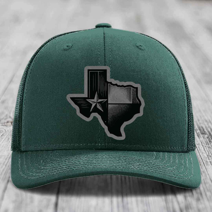 Texas Shaped Flag - Leather Patch Hat - Grey to Black Patch - Richardson 112 Snapback Trucker Hat