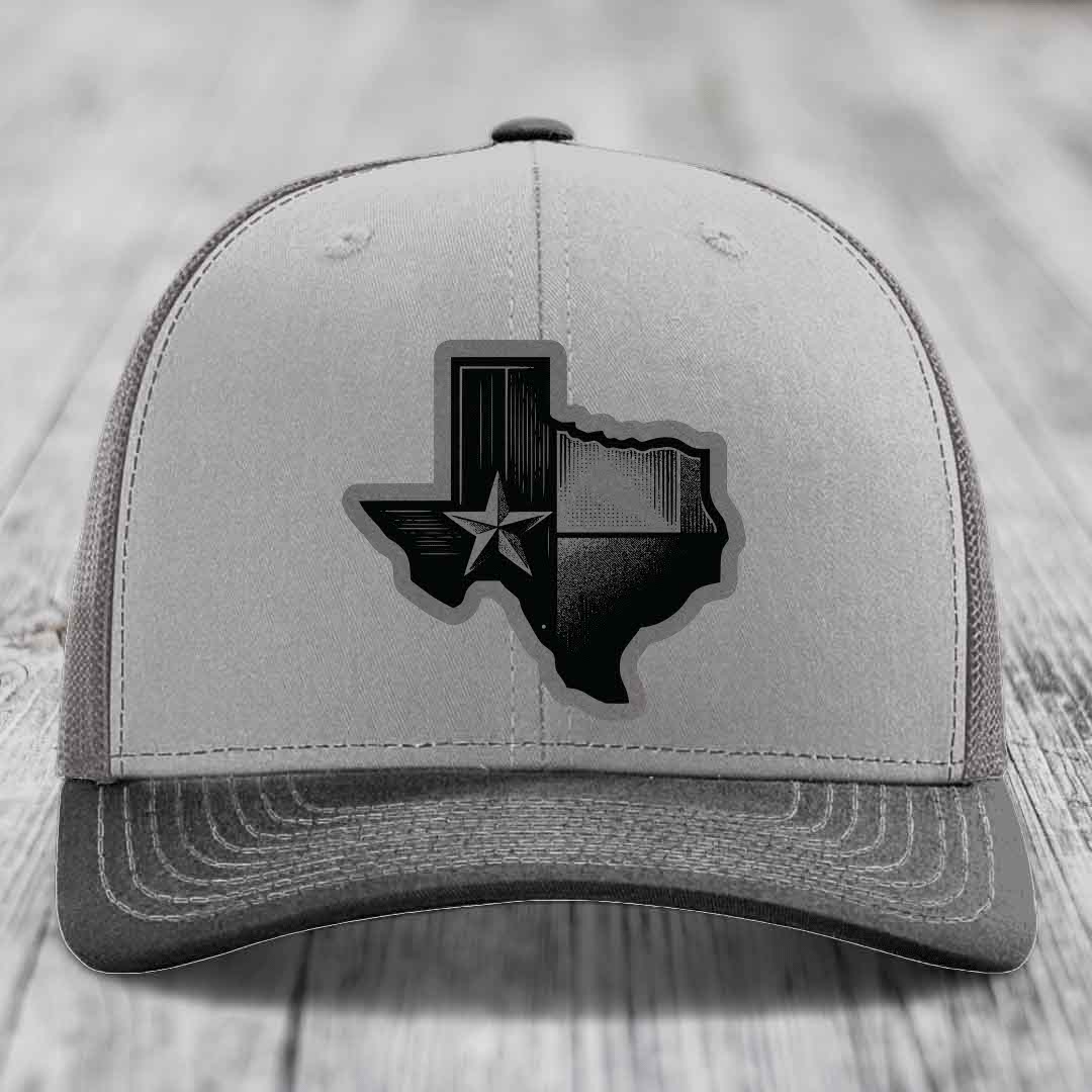 Texas Shaped Flag - Leather Patch Hat - Grey to Black Patch - Richardson 112 Snapback Trucker Hat