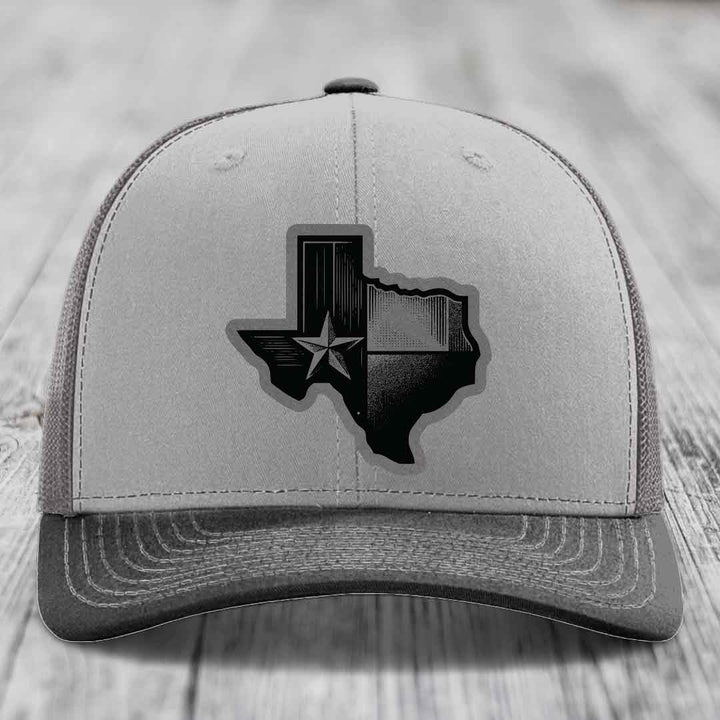 Texas Shaped Flag - Leather Patch Hat - Grey to Black Patch - Richardson 112 Snapback Trucker Hat