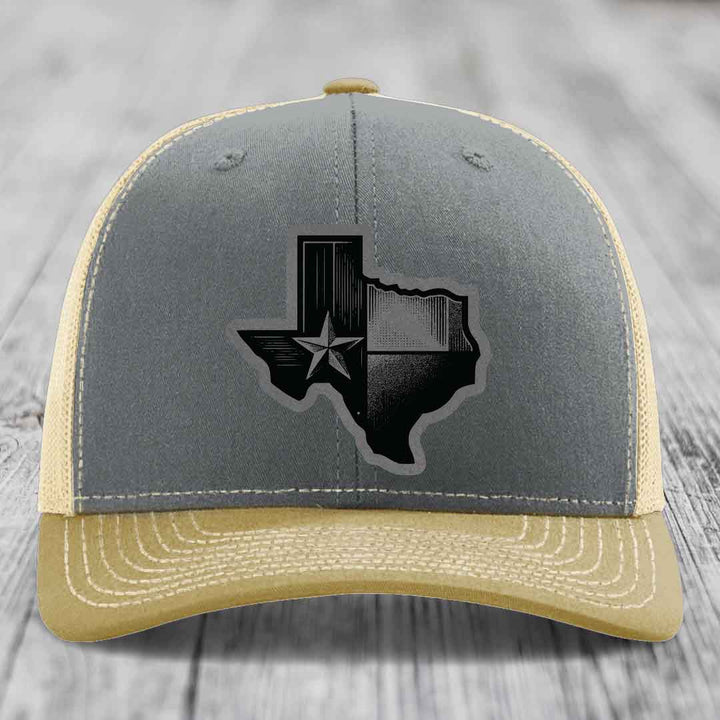 Texas Shaped Flag - Leather Patch Hat - Grey to Black Patch - Richardson 112 Snapback Trucker Hat
