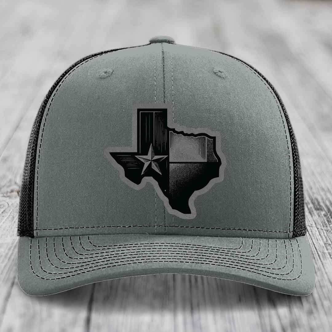 Texas Shaped Flag - Leather Patch Hat - Grey to Black Patch - Richardson 112 Snapback Trucker Hat