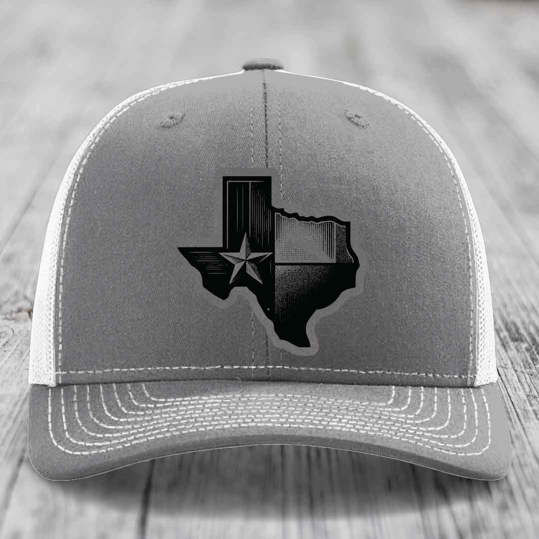 Texas Shaped Flag - Leather Patch Hat - Grey to Black Patch - Richardson 112 Snapback Trucker Hat