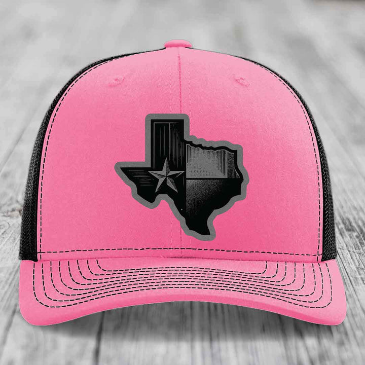 Texas Shaped Flag - Leather Patch Hat - Grey to Black Patch - Richardson 112 Snapback Trucker Hat
