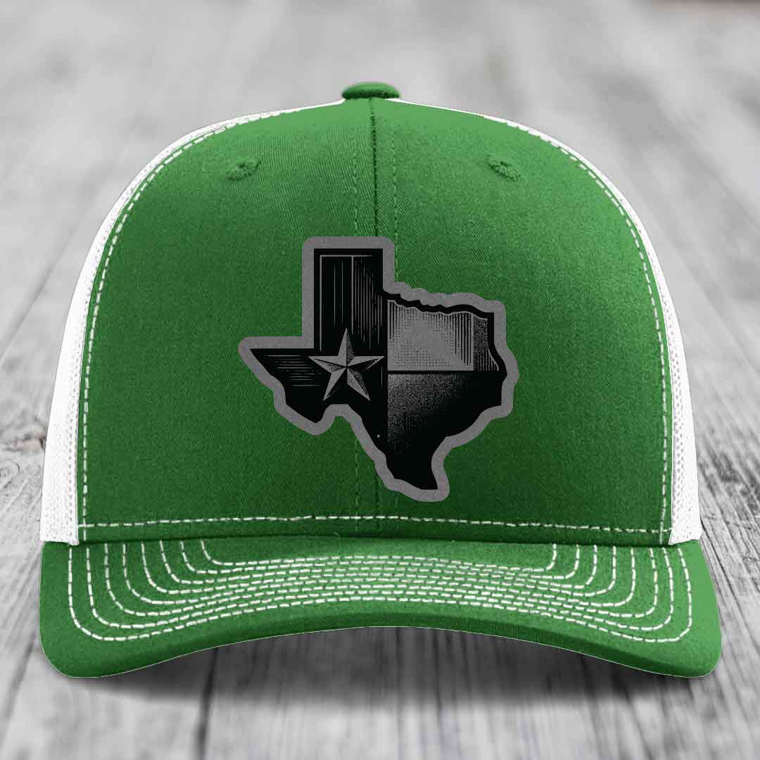 Texas Shaped Flag - Leather Patch Hat - Grey to Black Patch - Richardson 112 Snapback Trucker Hat
