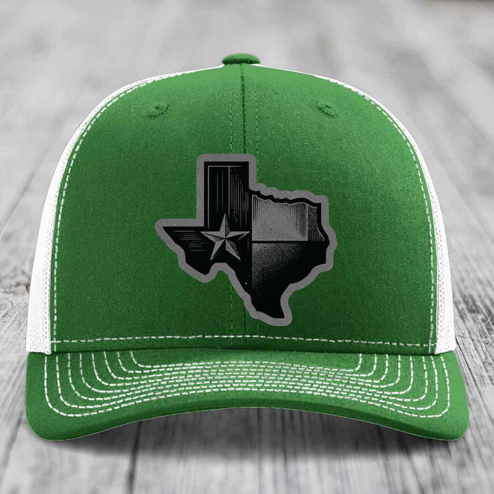 Texas Shaped Flag - Leather Patch Hat - Grey to Black Patch - Richardson 112 Snapback Trucker Hat