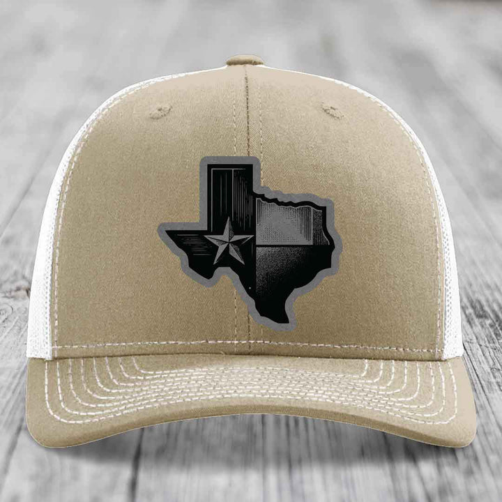 Texas Shaped Flag - Leather Patch Hat - Grey to Black Patch - Richardson 112 Snapback Trucker Hat