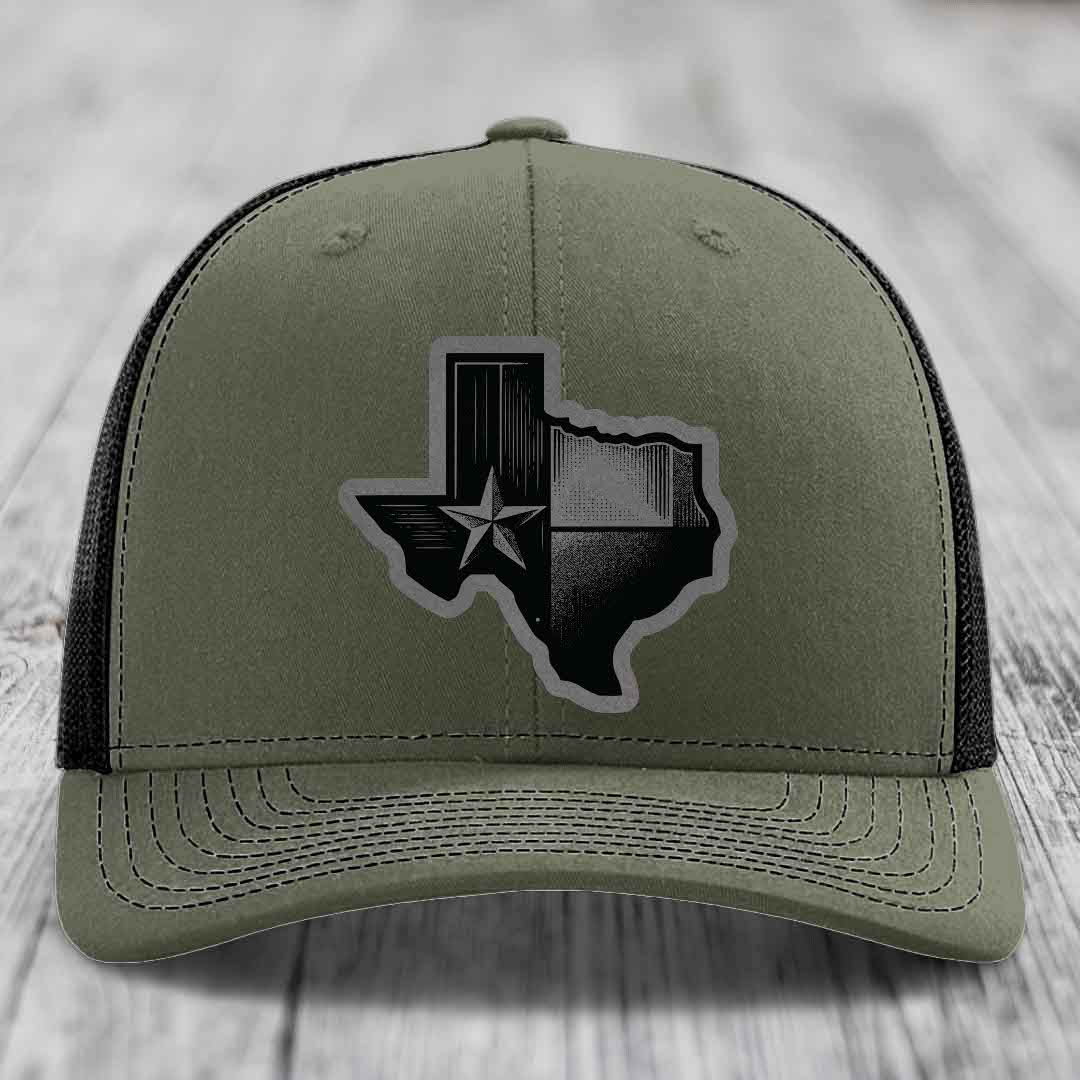Texas Shaped Flag - Leather Patch Hat - Grey to Black Patch - Richardson 112 Snapback Trucker Hat