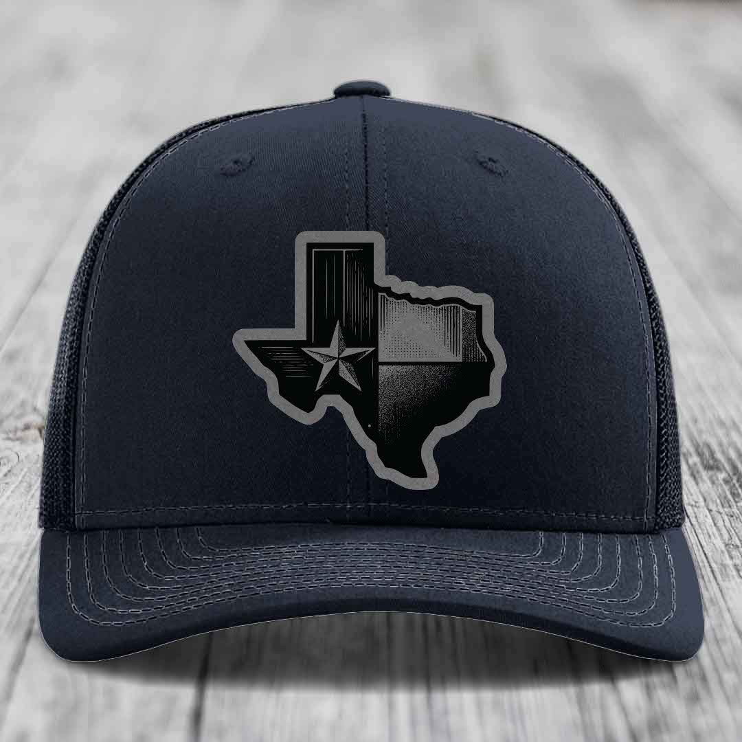 Texas Shaped Flag - Leather Patch Hat - Grey to Black Patch - Richardson 112 Snapback Trucker Hat