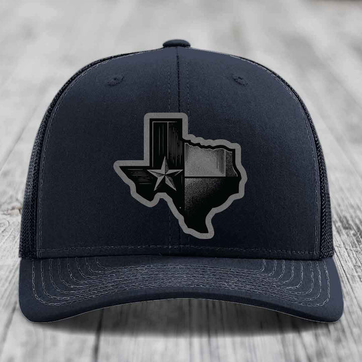 Texas Shaped Flag - Leather Patch Hat - Grey to Black Patch - Richardson 112 Snapback Trucker Hat