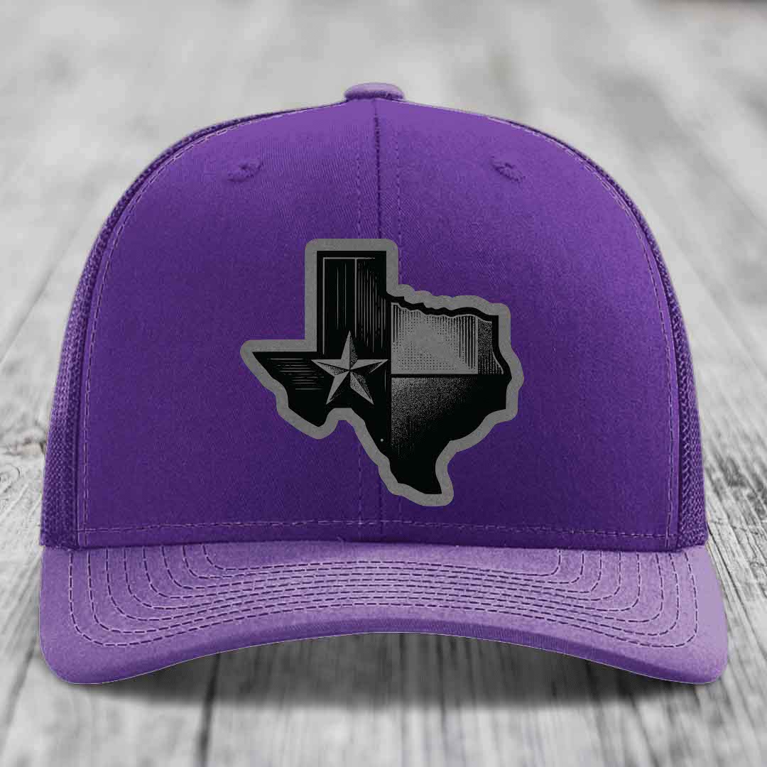 Texas Shaped Flag - Leather Patch Hat - Grey to Black Patch - Richardson 112 Snapback Trucker Hat