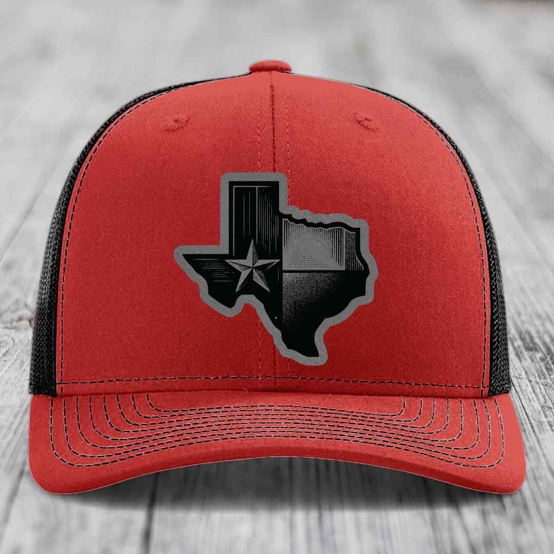 Texas Shaped Flag - Leather Patch Hat - Grey to Black Patch - Richardson 112 Snapback Trucker Hat