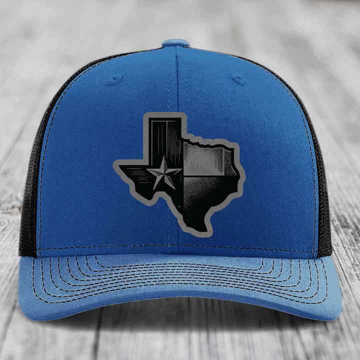 Texas Shaped Flag - Leather Patch Hat - Grey to Black Patch - Richardson 112 Snapback Trucker Hat