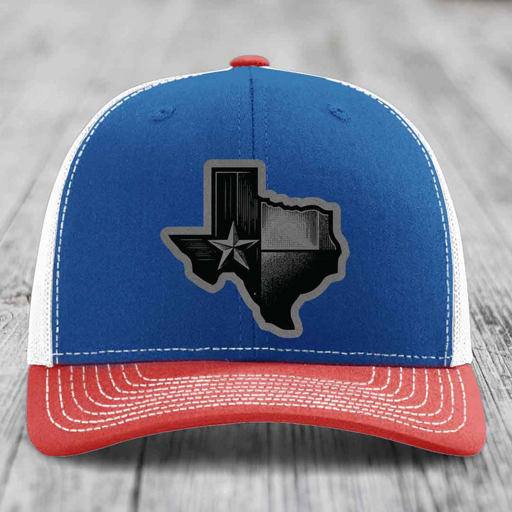 Texas Shaped Flag - Leather Patch Hat - Grey to Black Patch - Richardson 112 Snapback Trucker Hat