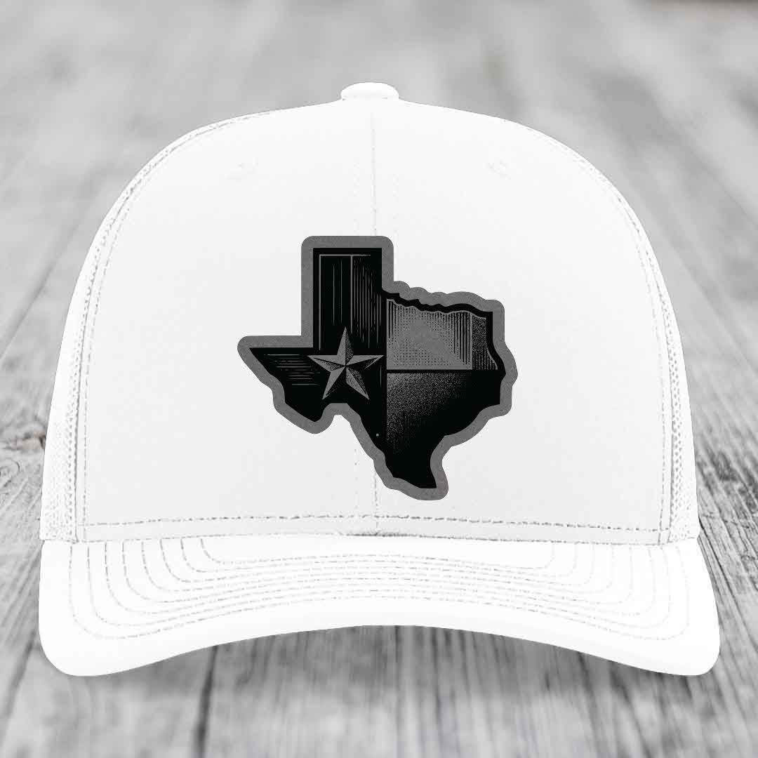 Texas Shaped Flag - Leather Patch Hat - Grey to Black Patch - Richardson 112 Snapback Trucker Hat