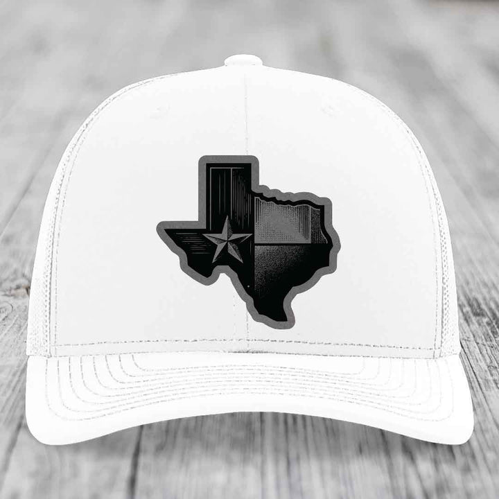 Texas Shaped Flag - Leather Patch Hat - Grey to Black Patch - Richardson 112 Snapback Trucker Hat