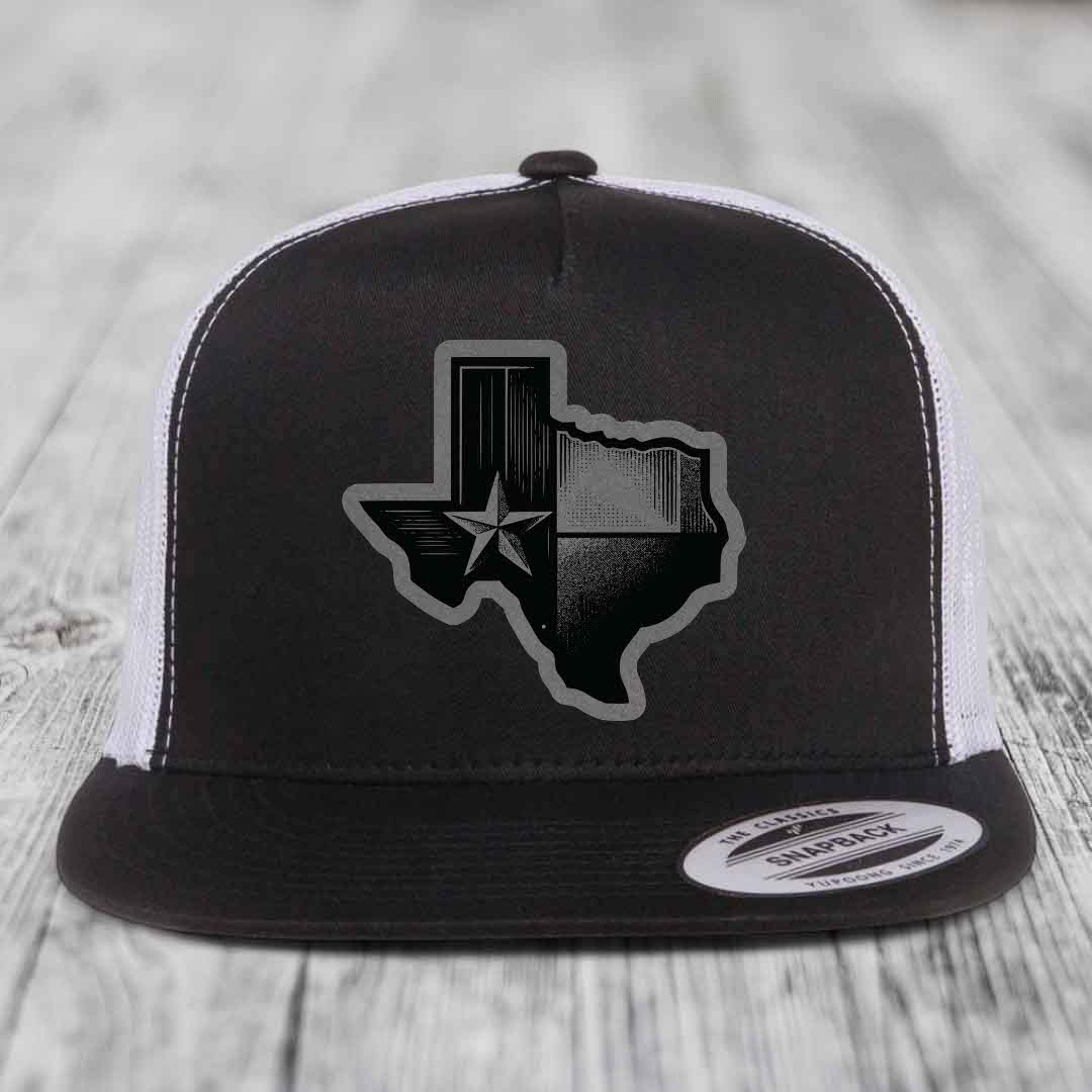 Texas Shaped Flag - Leather Patch Hat - Grey to Black Patch - Yupoong 6006 Snapback Flatbill Hat